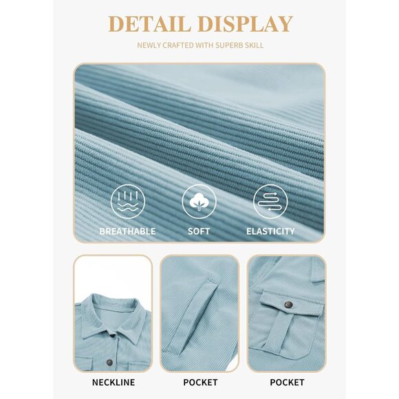 Womens Sky Blue Plus Size Plaid Shacket Long Sleeve Button Down Casual Jacket - Picture 4 of 4